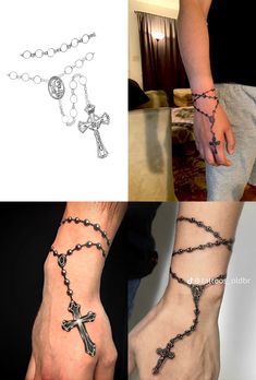 three different pictures of the same person's hand with rosary and cross tattoos on them