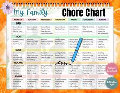 a family chore chart with an orange background