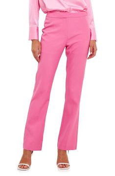 Clean tailoring adds timeless versatility to staple pants finished with a gentle flare. Partial shorts lining 100% polyester Hand wash, dry flat Imported Pink Elastane Pants For Workwear, Pink Elastane Pants For Work, Elegant Stretch Pants With Short Length, Elegant Fitted Shorts, Elegant Pink Flare Bottoms, Feminine Formal Bottoms For Spring, Feminine Formal Spring Bottoms, Elegant Pink Flare Pants, Feminine Workwear Bottoms