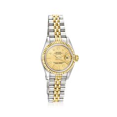 Pre-Owned Rolex Datejust Women's 26mm Automatic Stainless Steel, 18kt Yellow Gold Watch. C. 1987. Experience the renowned luxury of a pre-owned Rolex with this Datejust women's watch. The timepiece features Swiss automatic movement, synthetic sapphire crystal, 26mm case, 18kt yellow gold crown and bezel, champagne linen dial, and stainless steel and 18kt yellow gold jubilee bracelet with a foldover clasp. Water-resistant up to 100M. Pre-owned Rolex stainless steel and 18kt yellow gold watch. Ros Elegant Gold Watch Band With Date Indicator, Elegant Gold Watch Bands With Date Indicator, Gold Watch Bands With Diamond Hour Markers, Classic Watch Bands With Polished Finish, Tiffany Watch, Rolex Datejust Women, Tiffany Watches, Gold Crown, Pre Owned Rolex