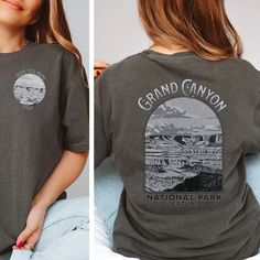 Welcome to our store! Great retro design for your trip to the Grand Canyon National Park.  Family Vacation shirts for your hiking enjoyment!!  Customize your hiking trip to the Grand Canyon Rim to Rim Shirt.  We specialize in cute, nature and customizable apparel shirts in different colors and styles printed on ultra-soft, super comfortable, and breathable material. This t-shirt or sweatshirt is everything you've dreamed of and more. It feels soft and lightweight, with the right amount of stretch. It's comfortable and flattering for all. Comfort Colors introduces its garment-dyed t-shirt; a fully customizable tee made 100% with ring-spun cotton. The soft-washed, garment-dyed fabric brings extra coziness to your wardrobe while the relaxed fit makes it an excellent daily choice. The double-n Short Sleeve Shirt With Custom Print For Outdoor, Hiking Shirt With Letter Print And Crew Neck, Crew Neck Hiking Shirt With Letter Print, Casual Graphic Print Camp Shirt For Hiking, Adventure Graphic Print Crew Neck Camp Shirt, Vintage T-shirt With Letter Print For Outdoor Activities, Graphic Print Crew Neck Camp Shirt For Adventure, Short Sleeve Letter Print Shirt For Hiking, Outdoor Short Sleeve Camp Shirt With Letter Print