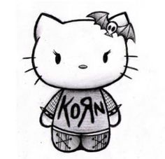 a drawing of a hello kitty with the word iron on it's chest and eyes