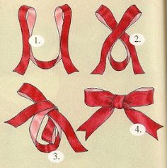 the instructions for how to make bows with ribbon and ribbons on them are shown in red