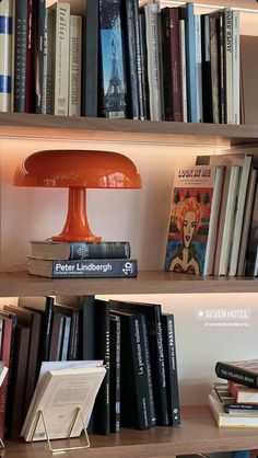 a book shelf filled with lots of books and a lamp on top of each shelf