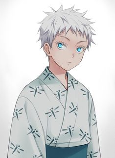 an anime character with white hair and blue eyes, wearing a gray kimono jacket