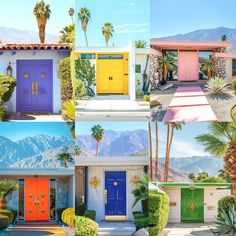 four different colored doors and palm trees in front of a house with mountains behind them