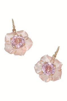 Irene Neuwirth tropical flower rose quartz earrings in rose gold. 18K Rose Gold Rose Quartz Carved Flowers (35.22 cts), Kunzite (16.38 cts), Diamond Pave Hooks (0.03 cts Pjo Dr, Irene Neuwirth Jewelry, Theatrical Romantic, Carved Flowers, Rose Gold Quartz, Rose Quartz Earrings, Soft Autumn, Irene Neuwirth, Tropical Flower