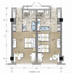 the floor plan for an apartment with two beds and one bathtub in each room