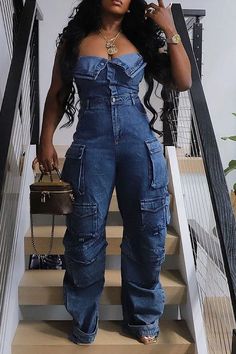 Jumpsuit Light Blue Denim Strapless Cargo Jumpsuit With Pocket (5)  View Big Jam, Jean Ideas, Womens Denim Jumpsuit, Denim Style Casual, Plus Size Streetwear, Denim Jumpsuits, Cargo Jumpsuit, Jumpsuit Casual, Streetwear Mode