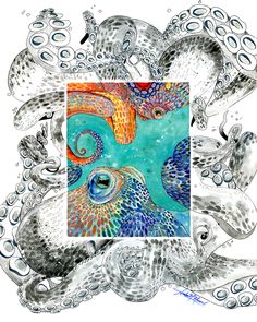 an art work with octopus artwork and watercolors on paper, in the shape of a square