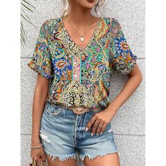 Season:Summer; Fabric:Polyester; Sleeve Length:Short Sleeve; Look After Me:Wet and Dry Cleaning,Washable,Machine wash; Gender:Women's; Style:Fashion; Elasticity:Micro-elastic; Tops Type:T shirt Tee; Occasion:Weekend,Daily; Top Length:Regular; Fit Type:Regular Fit; Pattern:Paisley; Design:Print; Neckline:V Neck; Listing Date:03/07/2024; Clothing Length:; Bust:; Length:; Fit US Size:; Fit UK Size:; Fit EU Size:; Print Type:3D Print Boho Shirt, Vintage Rainbow, Boho Shirts, Yellow Shorts, Rainbow Print, Spring Shirts, Paisley Design, Boho Women, Print Blouse