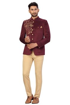 Product Features: Top Color: Wine Bottom Color: Beige Work: Embroidery Top Fabric: Sweat Velvet Bottom Fabric: Teri Cort Pack Of: 1 Jodhpuri and 1 Pant Occasion: Partywear Disclaimer: There will be slight difference in digital to actual image Festive Designer Sherwani With Floral Embroidery, Bandhgala With Resham Embroidery For Diwali Reception, Festive Bandhgala With Resham Embroidery For Reception, Diwali Nehru Jacket With Resham Embroidery For Reception, Designer Bandhgala With Zari Work For Festive Occasions, Festive Unstitched Suit With Floral Embroidery For Reception, Semi-stitched Floral Sherwani For Diwali, Semi-stitched Floral Embroidery Sherwani For Diwali, Long Sleeve Kurta With Dori Work For Reception