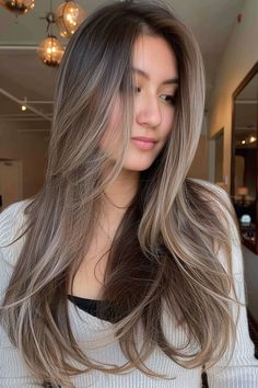 Long Hair Bangs, Ash Brown Hair Balayage, Short Bleached Hair, Wet Look Hair, Hair Styles For Long Hair, Styles For Long Hair, Hair Color Asian, Stylish Ponytail, Hair Color Caramel