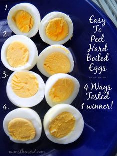 hard boiled eggs on a blue plate with the words easy to peel hard boiled eggs