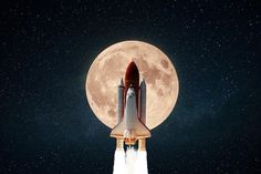 an image of a space shuttle taking off into the sky at night with full moon in background