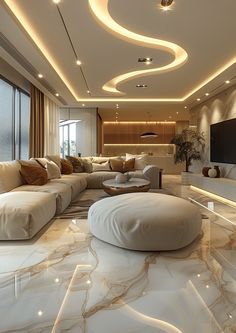 a living room with marble flooring and white furniture