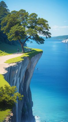 a tree on the edge of a cliff by the ocean with a person walking down it