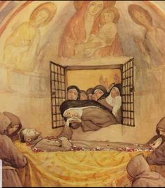 an image of a painting of people sleeping in jail cells with angels on the ceiling