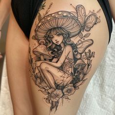 Thigh Tattoos For Women Tattoo Craft Set Eat Tattoos For Women, Women’s Top Thigh Tattoo Ideas, Thigh Tattoos Women Color, Big Thigh Tattoos For Women, Tattoos Powerful, Corpse Bride Tattoo, Married Couple Tattoos, Bride Tattoo, Thigh Tattoos For Women