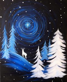 an acrylic painting of a night sky with stars and trees