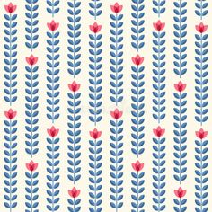 an abstract floral pattern with red flowers and blue leaves on a white background, suitable for wallpaper or fabric