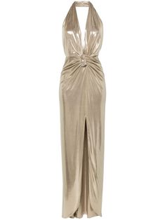 gold-tone high-shine finish knot detailing plunging V-neck concealed rear zip fastening backless front slit full-length Flowy Gold Dress, Collection Moodboard, Vampire Core, Gold Silk Dress, Edgy Glam, Wedding Party Outfits, Gold Gown, Golden Dress, Champagne Dress