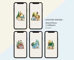 four iphones with watercolor houses on them and the text country houses ipad & phone wallpapers