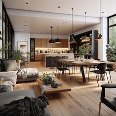 an open concept living and dining room with wood flooring, large windows, modern furniture and wooden floors