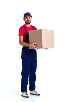 a man in overalls holding a box and smiling at the camera on a white background