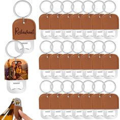 wine bottle openers with personalized photo hanging from the top and bottom, set of 12