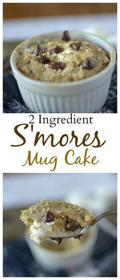 two pictures with the words 2 minute s'mores mug cake in it and an oatmeal topped with chocolate chips