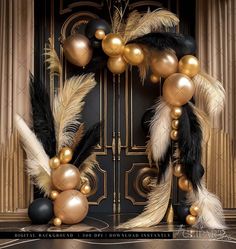 a black and gold balloon arch decorated with feathers, pearls and balloons in front of a door