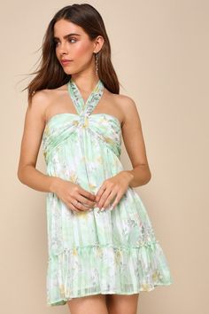 Radiantly Sweet Light Green and White Floral Halter Mini Dress Bahamas Outfits, Summer Mini Dresses, Cissy Houston, Cotillion Dresses, Sorority Rush Outfits, Sorority Recruitment Outfits, Rush Outfits, Recruitment Outfits, Mini Dress Floral