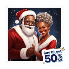 an old man and woman dressed as santa claus for the holiday season with 50 % off