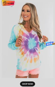 Multicolor Tie-dye Pattern Drawstring Pullover Hoodie Tie Dye Patterns, Outerwear Women, Pullover Hoodie, Tie Dye, On Sale, Dye, Free Shipping, Pattern