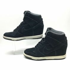 NIKE Black Suede Dunk Sky Hi High Top Hidden Wedge Sneakers  Style# 528899-014  Size: 10US (42EUR) (UK7.5) Color: Black VERY RARE AND HARD TO FIND GREAT CONDITION, SEE ALL PHOTOS Mid-top Synthetic Platform Wedge Sneakers, High-top Platform Skate Shoes For Sports, Black Platform Skate Shoes For Sports, Nike Casual High-top Platform Sneakers, Sporty Black Wedge Sneakers With Platform, Sporty Black Wedge Sneakers, Sporty Black Wedge Sneakers For Sports, High-top Black Wedge Sneakers For Streetwear, Sporty Mid-top Wedge Sneakers For Streetwear