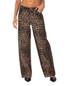 Edikted Leopard Printed Low Rise Jeans in Leopard High Rise Leopard Print Bottoms For Fall, Casual Leopard Print Jeans For Fall, Trendy Relaxed Fit Leopard Print Bottoms, Lepored Jeans, Trendy Straight Leg Leopard Print Jeans, Fitted Leopard Print Trousers, Trendy Mid-rise Leopard Print Bottoms, Printed Jeans, Low Rise Jeans