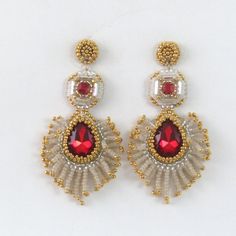 Gorgeous Handcrafted Bead Embroidered Earrings With Short Fringe. Red Swarovski Crystal Framed With 24k Gold Glass And Soft White Gold Lined Beads. Lots Of Swing And Sparkle! Post Style Earrings Backed With Dark Red Ultrasuede (Back Shown In Last Picture). Length: 3" Width: 1 1/2" Handmade Jewelry One Of A Kind Antique Look '" Elegant Red Teardrop Beaded Earrings, Elegant Red Earrings With Gold Beads, Red Handmade Chandelier Earrings For Weddings, Handmade Red Chandelier Earrings For Wedding, Gold Embellished Earrings Gift, Red Embellished Wedding Jewelry, Embroidered Earrings, Turquoise Stud Earrings, Short Fringe