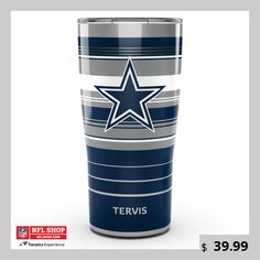 a tumbler cup with a star on the side and stripes in blue, grey and white