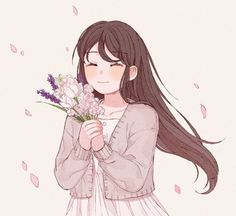 a girl with long hair holding flowers in her hand