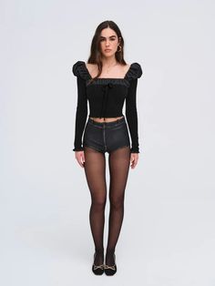 Aliyah Pointelle Top — Black | For Love & Lemons Fitted Sheer Puff Sleeve Top For Spring, Fall Ruched Puff Sleeve Top, Fitted Puff Sleeve Top With Sheer Sleeves, Chic Fitted Puff Sleeve Long Top, Chic Fitted Puff Sleeve Long Sleeve Top, Chic Puff Sleeve Top For Winter, Trendy Fitted Ruched Puff Sleeve Top, Chic Stretch Puff Sleeve Long Top, Spring Fitted Puff Sleeve Top For Night Out