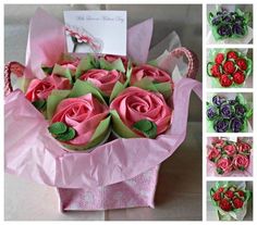 there are many different flowers in the pink paper bag and it is decorated with green leaves