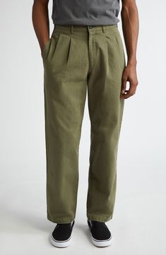 Japanese cotton in a herringbone weave adds to the premium comfort and lasting wear of these pleat-front pants that epitomize casual ease. 31 1/2" inseam; 17" leg opening; 11 1/2" front rise; 15 1/2" back rise (size 32) Zip fly with button closure Side-seam pockets; back button-welt pockets 100% cotton Machine wash, tumble dry Made in Portugal Designer Clothing Casual Unstructured Pants For Workwear, Solid Cotton Bottoms With Pleated Waist, Casual Cotton Bottoms With Straight Hem, Cotton Bottoms With Straight Hem For Casual Gatherings, Cotton Pleated Bottoms With Tapered Leg, Business Casual Pleated Cotton Bottoms, Cotton Wide Leg Pants With Pleated Waist, Pleated Cotton Bottoms With Tapered Leg, Cotton Wide Leg Bottoms With Pleated Waist