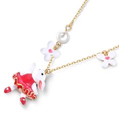 How cute is this pink bunny rabbit necklace accented with cultured pearls and white enamel flowers? Spring is in the air every day with this beautiful necklace, perfect for Easter gifting and hand enamelled, set on an gold plated sterling silver necklace. The ideal accessory to kick off your Spring, Summer look.Carat Weight: 1.5 ctStone Shape: RoundStone Size: 6 mmNumber of Stones: 1 Stone Color: Diamond WhiteWeight: 4.9 gWidth: 16 mmHeight: 23 mmThickness: 7.7 mmLength: 450+50 mm Whimsical White Jewelry With Pearl Charm, Whimsical White Pendant Necklace, Rabbit Necklace, Dreamy Garden, Spring Is In The Air, Pink Bunny, Flowers Spring, Enamel Flower, Necklace Online