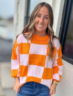 This vibrant Orange Checkered Sweater Top is a must-have for every wardrobe! Comfy and stretchy, it can be styled with anything for a cute and versatile look. Perfect for all seasons and all ages. Check the sizing chart for the perfect fit. Available in Orange + Green Checkered Sweater, Bag Patches, Easter Outfit, Hoodies Mens, Vibrant Orange, Sizing Chart, Christmas Shopping, All Seasons, Sweater Top