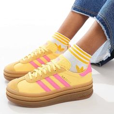 New With Box 100% Authentic Yellow Adidas Sneakers With Round Toe, Pink Adidas Sneakers With Three Stripes, Pink Adidas Athleisure Sneakers, Pink And Yellow Gazelle, Yellow Adidas Sneakers Synthetic, Adidas Yellow, Gazelle Bold, Adidas Originals Gazelle, Preppy Shoes