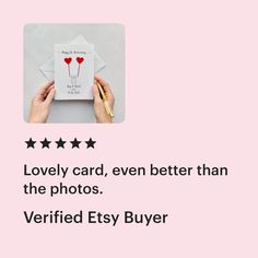 someone holding up a card with hearts on it and the text lovely card, even better than the photos verified etsy buyer