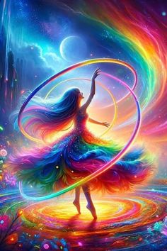 a woman in a colorful dress is holding a hula hoop and spinning it around