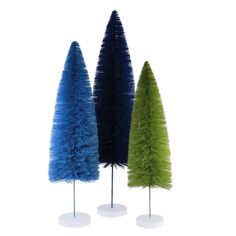 This Is A Vibrant Set Of Three Trees, Blue "Rainbow" Trees. They Are Different Sizes And Colors, Including A Dark Blue, Light Blue, And A Green Tree. They Have White Bases.. 24 In H X 6 In W X 6 In D. Purchase includes 3 Trees. Rainbow Trees, Bottle Brush Christmas Trees, Cody Foster, Rainbow Tree, Christmas Blue, Indoor Christmas Decorations, Bottle Brush Trees, Blue Rainbow, Green Tree