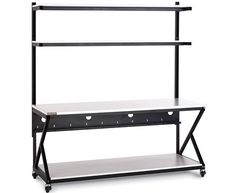 A 72-inch Performance 200 Series LAN Station in Folkstone color with multiple tiers for workspace organization Electronics Lab Workbenches, Shelf For Storage, Grey Laminate, Laminate Colours, Monitor Mount, Racking System, Work Bench, Network Cables, Open Frame